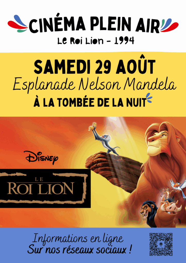 Affiche du Roi Lion de 1994 pour le cinéma en plein air du 29 aout 2026 sur l'esplanade Mandela à la tombée de la nuit