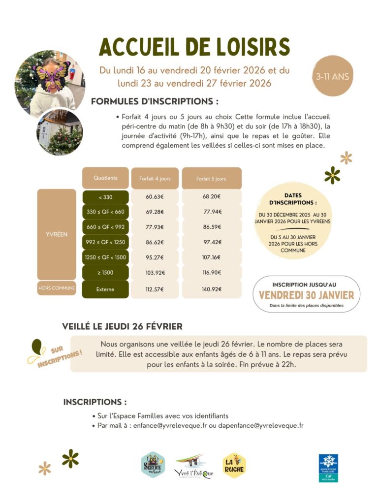 Accueil de loisirs des 3-11 ans
Formules d'inscription :
Forfait 4 jours ou 5 jours au choix.
Cette formule inclue l'accueil péri-centre du matin (de 8h à 9h30) et du soir (de 17h à 18h30), la journée d'activité (9h-17h), ainsi que le repas et le goûter. Elle comprend également les veillées si celles-ci sont mises en place.