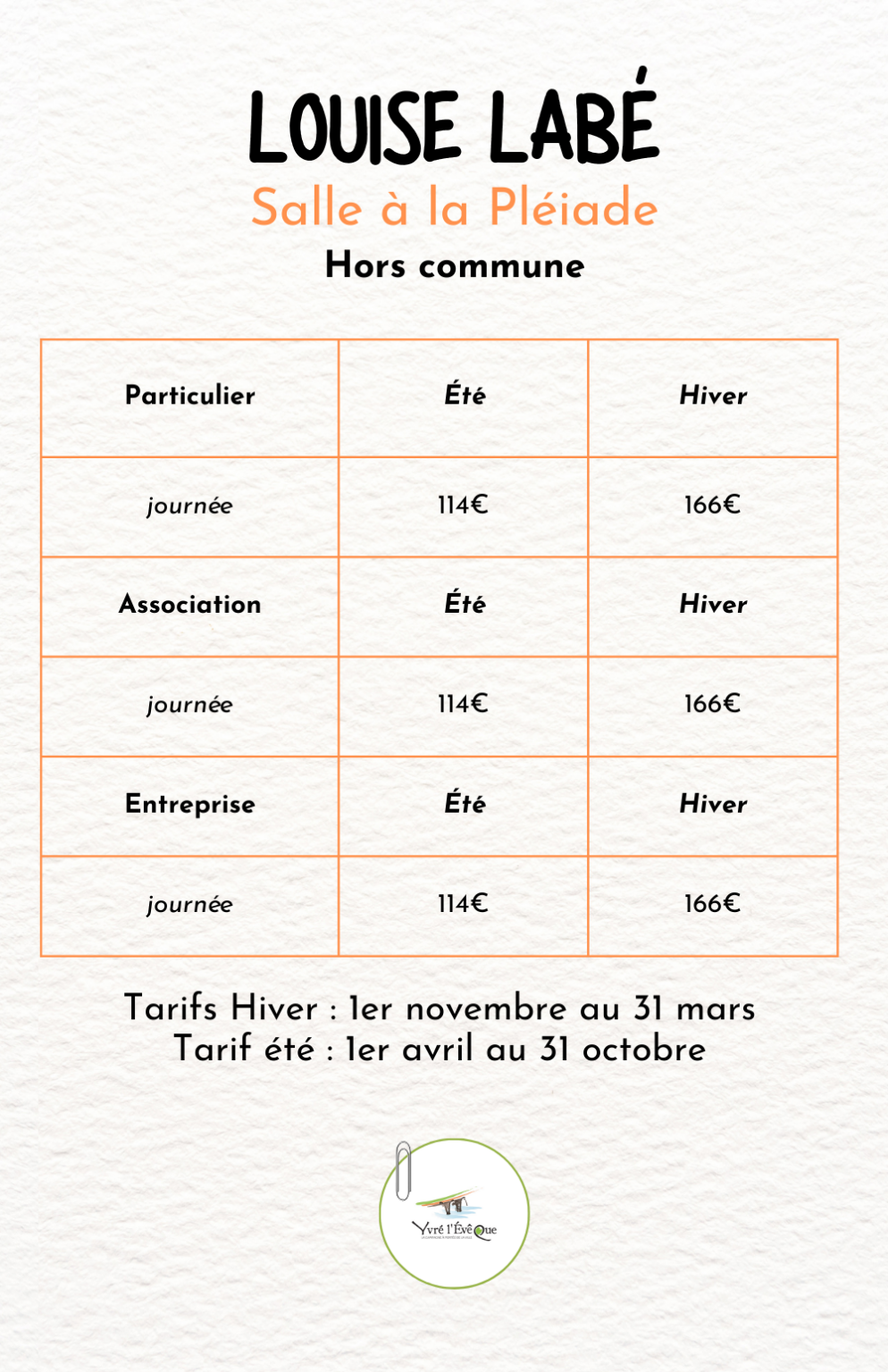 Tarifs de la location de la salle de la pleiade en 2026 pour les usagers ne résidants pas sur la commune